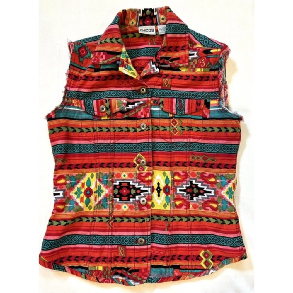 Chico's Southwest Aztec Vest Tribal Button Up
Jacket Women's 0 Red Colorful